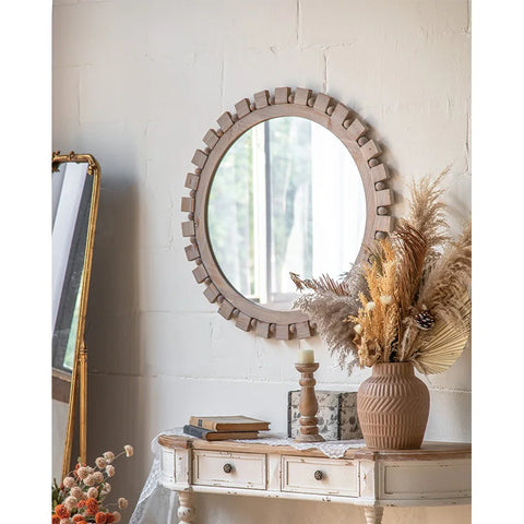 Farmhouse Round Rustic Mirror Wooden Frame Circle Mirrors Distressed Wall Mounted Mirror for Living Room