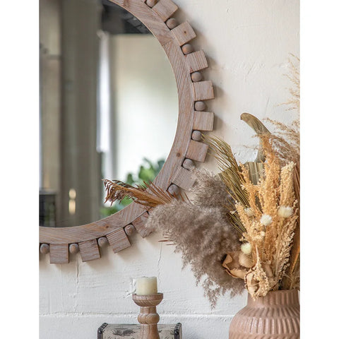 Farmhouse Round Rustic Mirror Wooden Frame Circle Mirrors Distressed Wall Mounted Mirror for Living Room