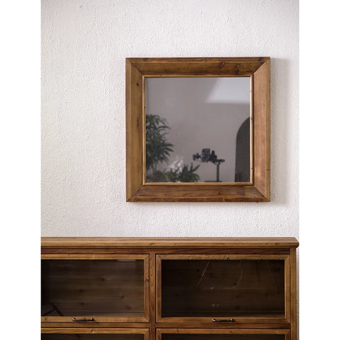 Square Natural Wood Bathroom Vanity Mirror for Farmhouse Decor Vertical or Horizontal Hang Rustic Wooden Framed Wall Mirror