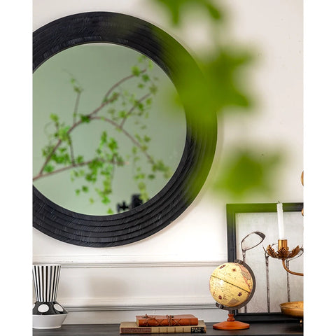 Round Mirrors Solid Wood Vanity Wall Rustic Mirror with Black Frame Wooden Mirror for Bathroom Bedroom Living Room