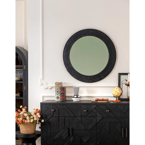 Round Mirrors Solid Wood Vanity Wall Rustic Mirror with Black Frame Wooden Mirror for Bathroom Bedroom Living Room