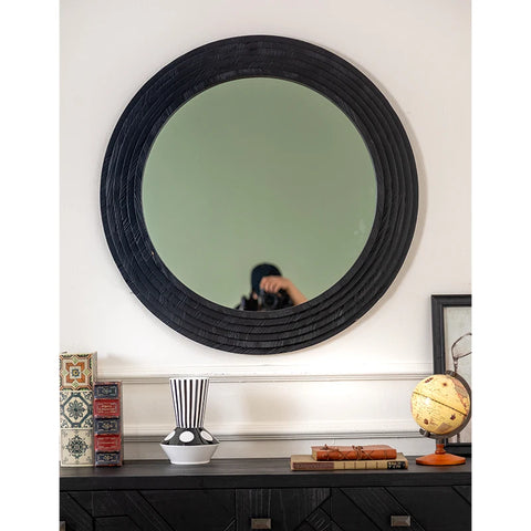 Round Mirrors Solid Wood Vanity Wall Rustic Mirror with Black Frame Wooden Mirror for Bathroom Bedroom Living Room
