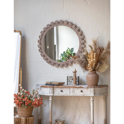 Farmhouse Round Rustic Mirror Wooden Frame Circle Mirrors Distressed Wall Mounted Mirror for Living Room