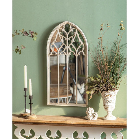 European-Style Arch Mirror Wood Carved Bedroom and Living Room Decorative Wall Hanging Mirror for Home