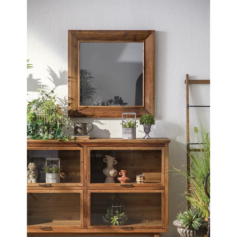 Square Natural Wood Bathroom Vanity Mirror for Farmhouse Decor Vertical or Horizontal Hang Rustic Wooden Framed Wall Mirror