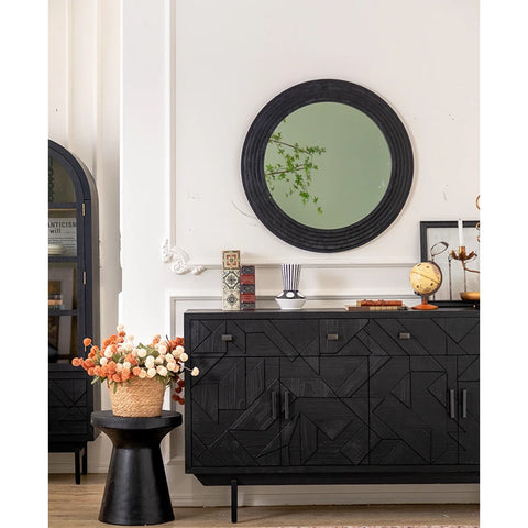 Round Mirrors Solid Wood Vanity Wall Rustic Mirror with Black Frame Wooden Mirror for Bathroom Bedroom Living Room