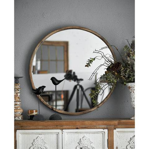 Farmhouse Wood Wall Mirror for Living Room Bedroom Bathroom Round Antique Wall Hanging Mirror for Office
