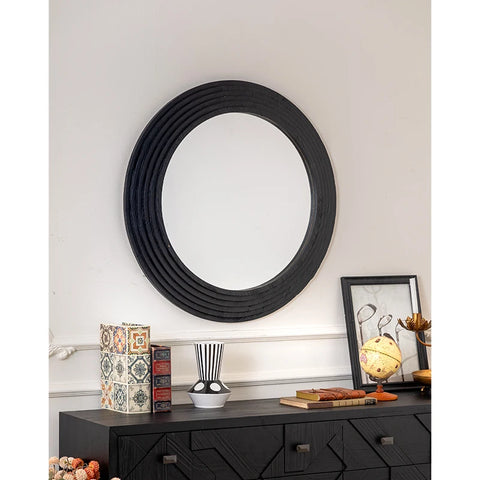 Round Mirrors Solid Wood Vanity Wall Rustic Mirror with Black Frame Wooden Mirror for Bathroom Bedroom Living Room