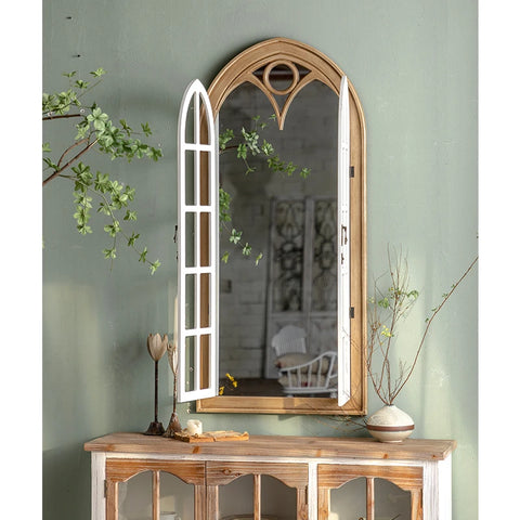 Retro Wall Mirror Window Decorative Mirrors Arched Farmhouse for Living Room Bedroom Entryway Bathroom Decor
