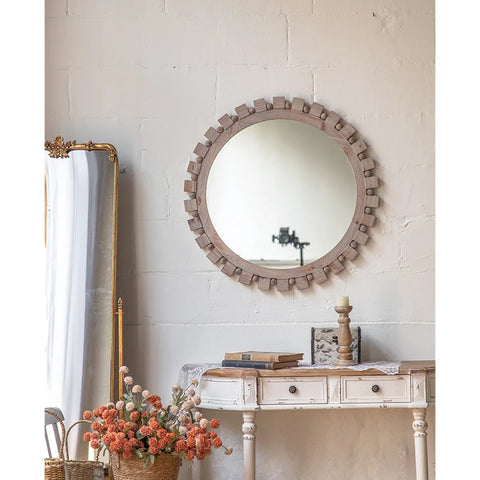 Farmhouse Round Rustic Mirror Wooden Frame Circle Mirrors Distressed Wall Mounted Mirror for Living Room