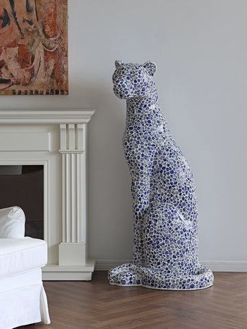 Formal "Leopard Fortune" Blue and White Porcelain Leopard Sculpture - Designer Living Room & Entryway Decorative Ornament