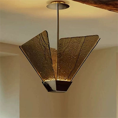 Fan Chandelier SHARD Antique Copper Snowflake Stone Glass Club Restaurant Light, Villa Bar Decorative Light