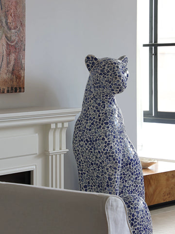 Formal "Leopard Fortune" Blue and White Porcelain Leopard Sculpture - Designer Living Room & Entryway Decorative Ornament