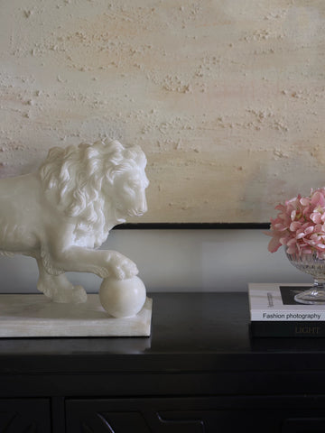 Supershaped White Jade "lion of Composure" Artistic Lion with Embroidered Ball Sculpture As A Housewarming Gift