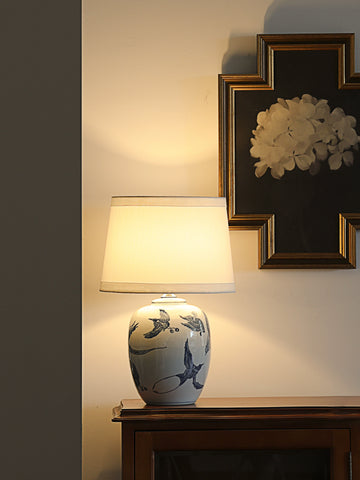 Shaped French Chinese Style Blue and White Ceramic Desk Lamp, Living Room, Bedroom, Sofa Corner, Nanyang Bedside Ambient Lamp