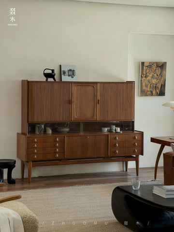 Vintage-inspired Danish Designer MCM Solid Teak Roll-top Sideboard with Integrated Storage