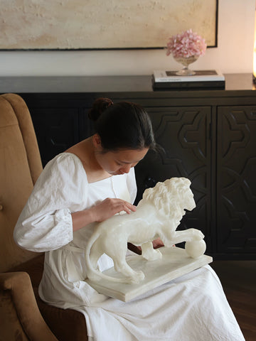 Supershaped White Jade "lion of Composure" Artistic Lion with Embroidered Ball Sculpture As A Housewarming Gift