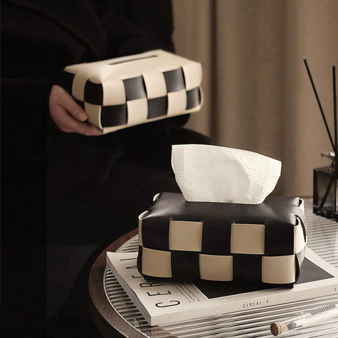 Black and White Checkerboard Tissue Box, Bv Woven Leather Tissue Holder, High-end and Luxurious for Home Living Room and Bedroom