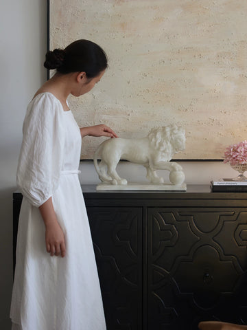 Supershaped White Jade "lion of Composure" Artistic Lion with Embroidered Ball Sculpture As A Housewarming Gift