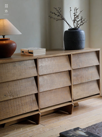 Upcycled Wood | Solid Wood Nine-Drawer Chest in Japanese Wabi-Sabi Style Storage Cabinet with Vintage-Inspired Sideboard