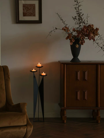 Medium-ancient Style Wrought Iron Candlestick Three-end Floor-to-ceiling Living Room, Homestay Tea, Sense of Space Atmosphere, Entrance Wabi-sabi Ornament