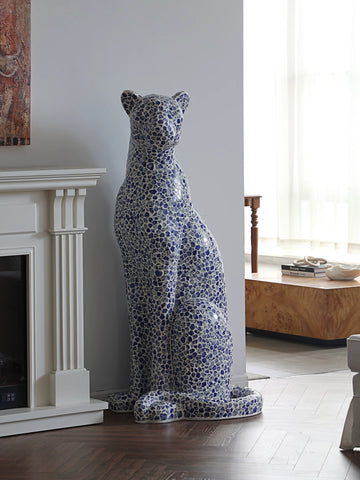 Formal "Leopard Fortune" Blue and White Porcelain Leopard Sculpture - Designer Living Room & Entryway Decorative Ornament