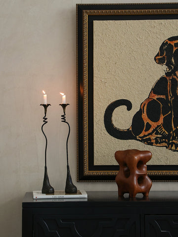 Shape Cast Iron Candlestick Ornament Lily Wabi Black Metal Decoration Retro Side Cabinet Wrought Iron Candlestick Dining Table