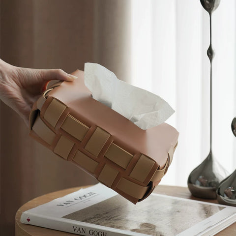 Ld Light Luxury Woven Leather Tissue Box - Premium Bedroom, Home Living Room, Desktop Ornament, Car Tissue Holder