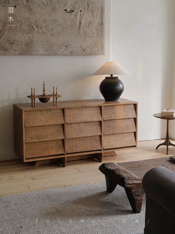 Upcycled Wood | Solid Wood Nine-Drawer Chest in Japanese Wabi-Sabi Style Storage Cabinet with Vintage-Inspired Sideboard