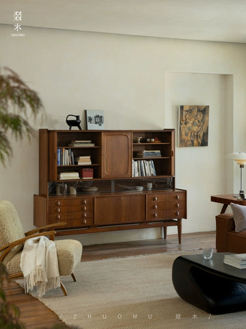 Vintage-inspired Danish Designer MCM Solid Teak Roll-top Sideboard with Integrated Storage