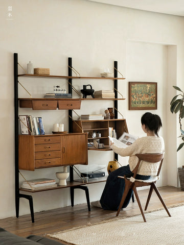 Wall Cabinet Unit Designer Vintage Mid-Century Modern Style MCM Living Room Combination Cabinet Multi-Functional Modular Storage Bookcase