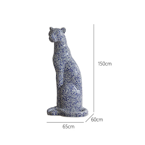Formal "Leopard Fortune" Blue and White Porcelain Leopard Sculpture - Designer Living Room & Entryway Decorative Ornament
